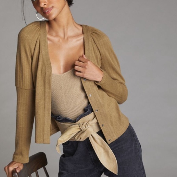 Anthropologie NEW Puff Sleeve Neutral Olive Green Lightweight Cardigan Sweater - Picture 2 of 15